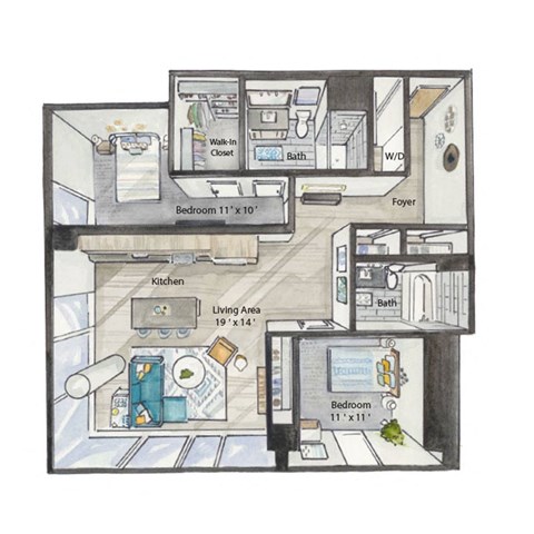 a floor plan of a house with bedrooms and a living room