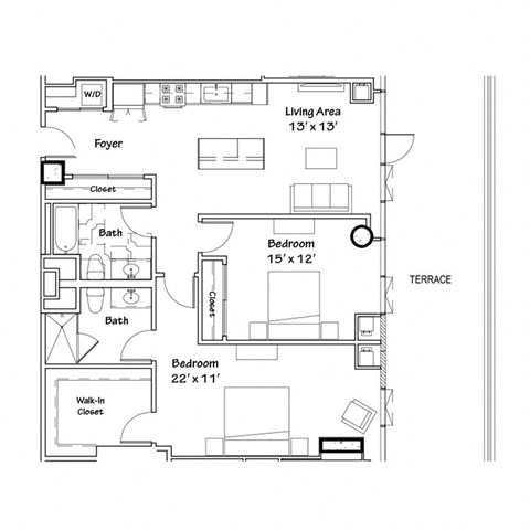 a floor plan of a house with a bedroom and a living room