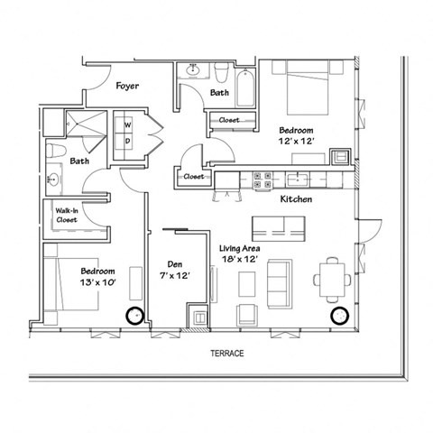 a floor plan of a house with bedrooms and baths and a terrace