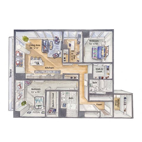 a floor plan of a house in watercolor on paper