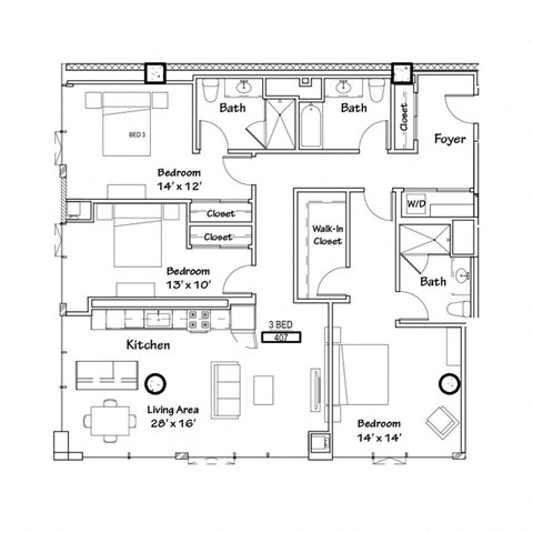 a floor plan of a house with bedrooms and a living room