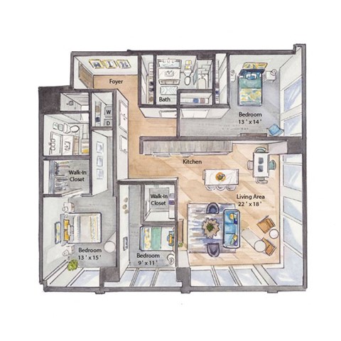 a floor plan of a home drawn in watercolor and drawn on paper