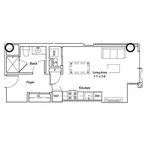 a floor plan of a small house with a bedroom and a living room