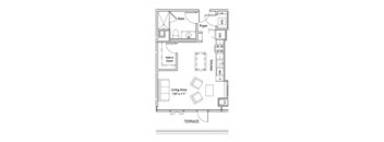 a floor plan of a small house with a bedroom and a terrace