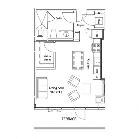 a floor plan of a small house with a bedroom and a terrace
