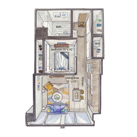 an illustration of an apartment floor plan for a hotel room