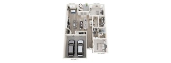 A floor plan of a house with two bedrooms, two bathrooms, a living room, a kitchen, and a garage.
