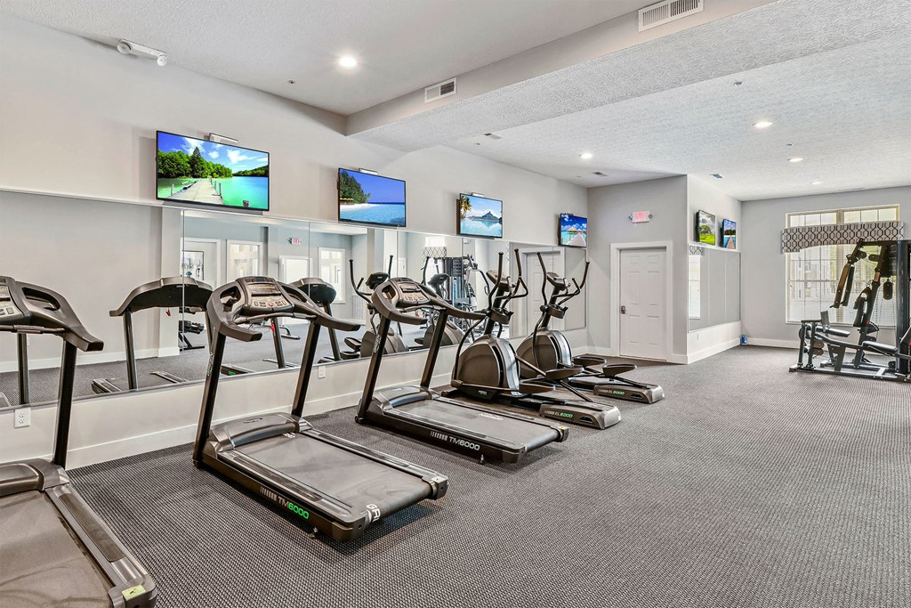 A gym with treadmills and exercise equipment.