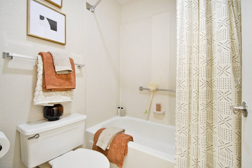 a bathroom with a white toilet and a tub and a shower curtain