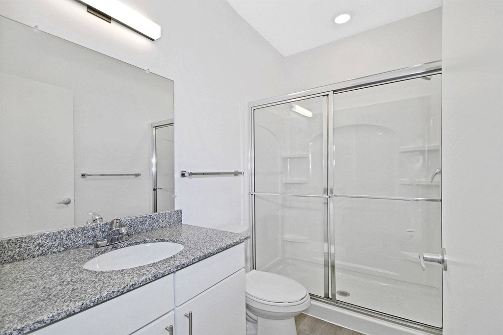 a bathroom with a shower and a sink and a mirror
