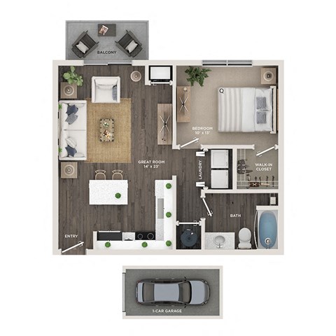 floor plan of a 1 bed 1 bath apartment with a garage