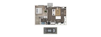 floor plan of a 1 bed 1 bath apartment with a garage