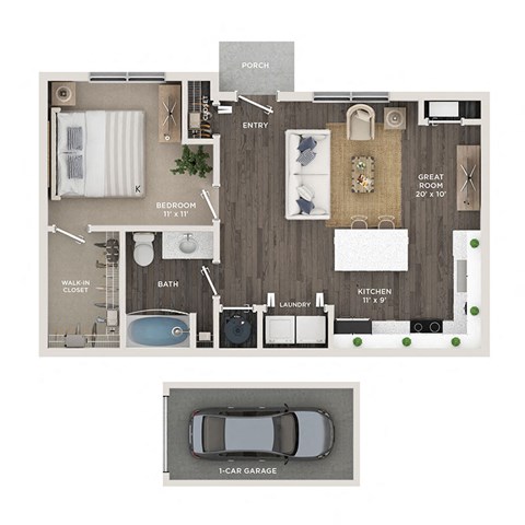 floor plan of a 1 bed 1 bath apartment with a garage