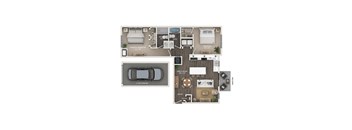 floor plan of a 2 bed 2 bath apartment with a garage