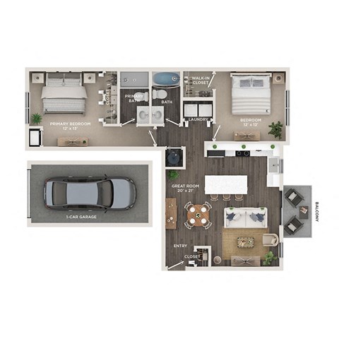 floor plan of a 2 bed 2 bath apartment with a garage