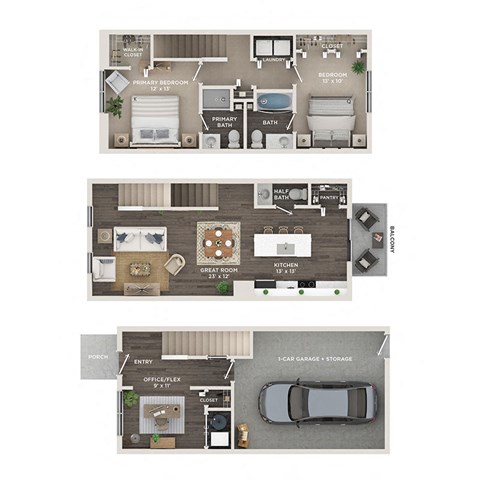 floor plan of a 2 bed 2.5 bath townhome with attached garage