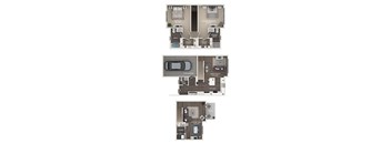 A set of three house plans showing a bedroom, a garage, and a laundry area.