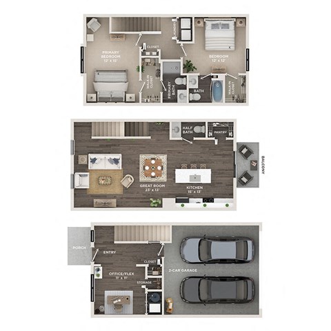 floor plan of a 2 bed 2.5 bath townhome with attached garage