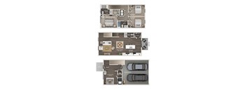 floor plan of a 3 bed 2.5 bath townhome with attached two car garage