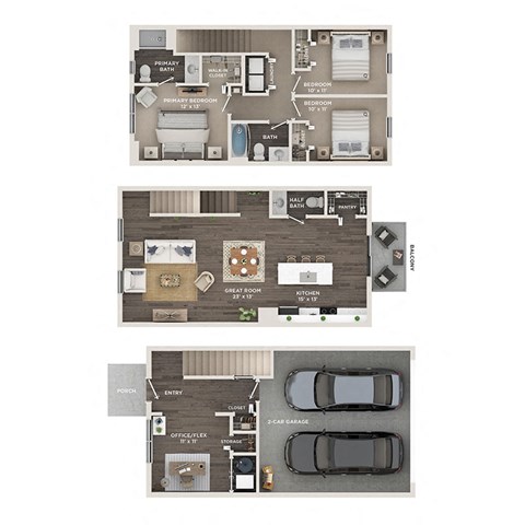 floor plan of a 3 bed 2.5 bath townhome with attached two car garage