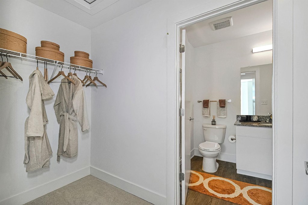 a bathroom with a toilet and a closet with towels