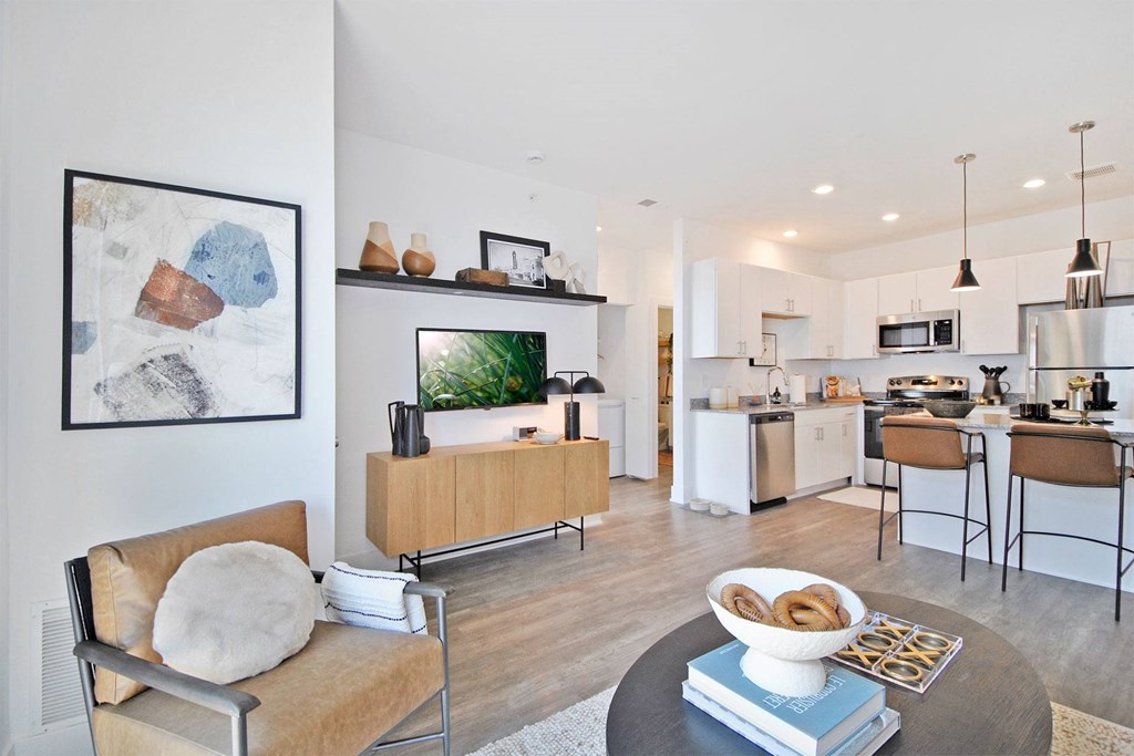 a living room with a couch and a table