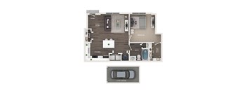 A floor plan of a house with a laundry room and a 1-car garage.