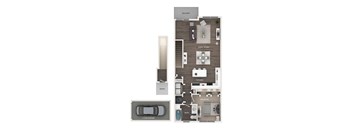 A floor plan of a house with a balcony, great room, kitchen, entry, 1-car garage, and bedroom.