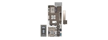 A floor plan of a house with a garage and a great room.