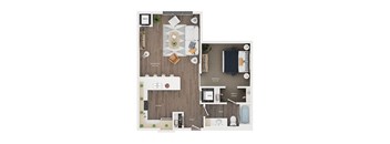 A floor plan of a living room, kitchen, and bedrooms.