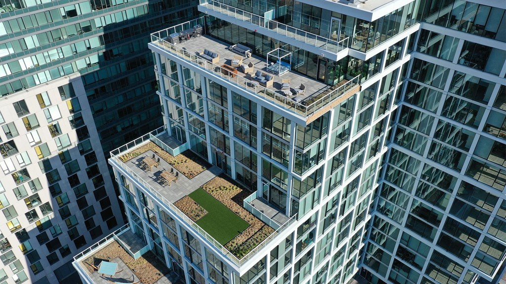 an aerial view of skyscrapers in a city