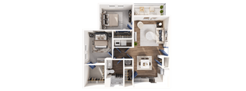 A detailed 3D floor plan of a house layout.