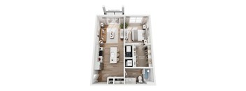A diagram of a small apartment layout with a living room, kitchen, entry, bath, and walk-in closet.