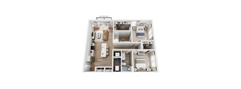A floor plan of a balcony patio apartment with a kitchen, living room, and two bedrooms.