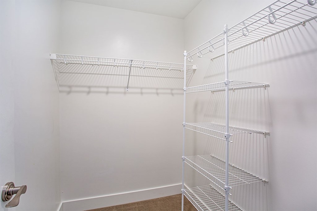 A white closet with shelves and a door.