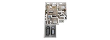 A floor plan of a house with two bedrooms, a garage, and a kitchen.