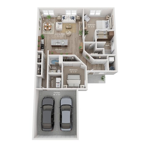 A floor plan of a house with two bedrooms, a garage, and a kitchen.