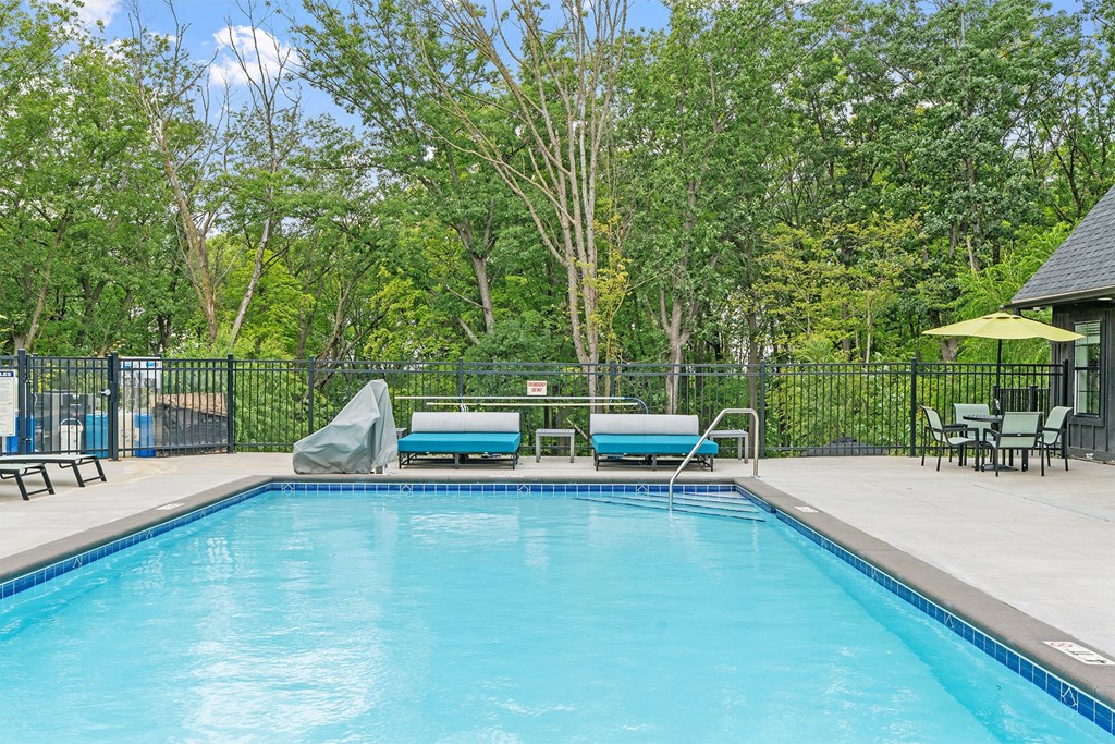 A swimming pool surrounded by trees and a fence.