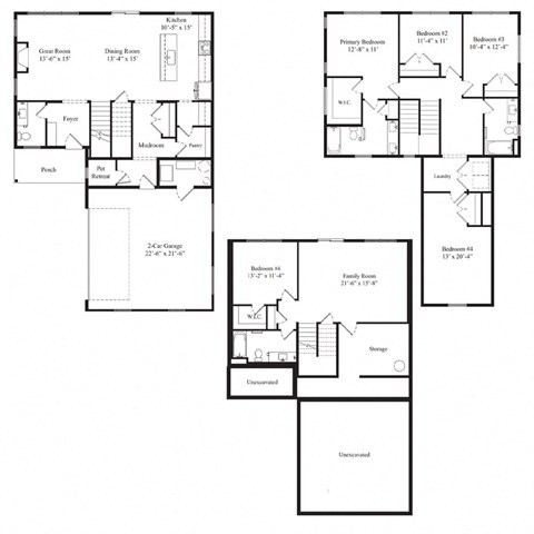 three different floor plans of a house with different floors and bedrooms