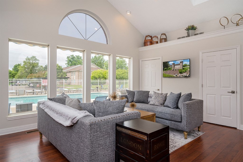 a living room with couches and a tv in front of a pool