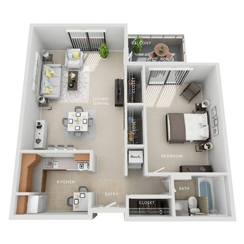 A diagram of a small apartment layout with labeled rooms.
