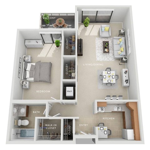 A diagram of a small apartment layout with labeled rooms.