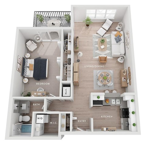 A floor plan of a small apartment with a living room, kitchen, bedroom, bathroom, and a workspace.