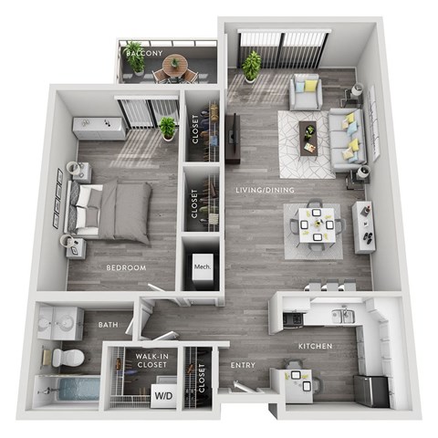A floor plan of a small apartment with a living room, kitchen, bedroom, bathroom, and walk-in closet.