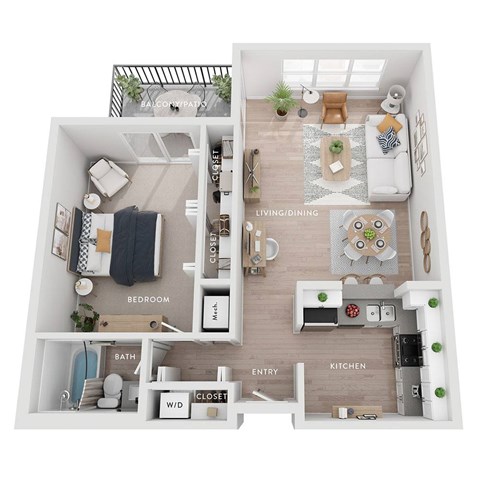 A 3D floor plan of a small apartment with a living room, kitchen, bedroom, and bathroom.