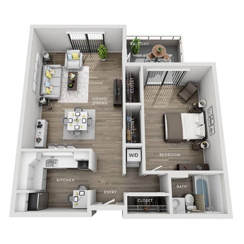A floor plan of a small apartment with a kitchen, living room, dining room, bedroom, bathroom, and balcony.