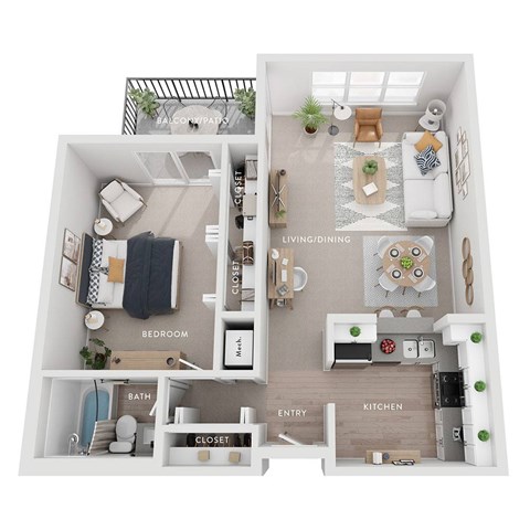 A diagram of a small apartment layout with labeled rooms.