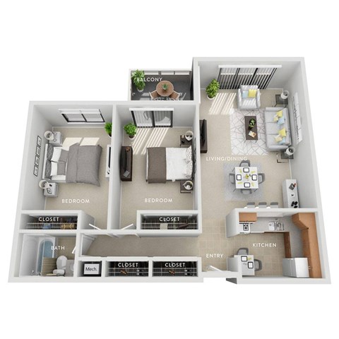 A floor plan of a balcony apartment with two bedrooms, two bathrooms, a living room, dining room, kitchen, and three closets.