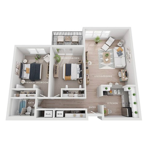A diagram of a house layout with labeled rooms such as "BALCONY/PATIO", "BEDROOM", "LIVING/DINING", "KITCHEN", "ENTRY", "BATH