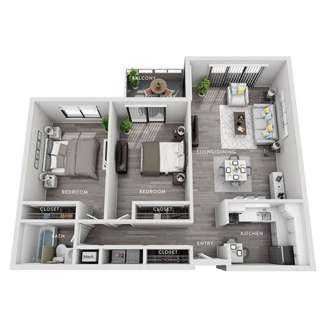 A floor plan of a condo with two bedrooms, two bathrooms, a living room, a kitchen, and a balcony.